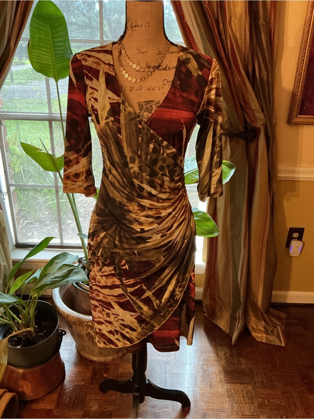 Abstract Print Faux-Wrap Midi Dress in Burgundy and Olive